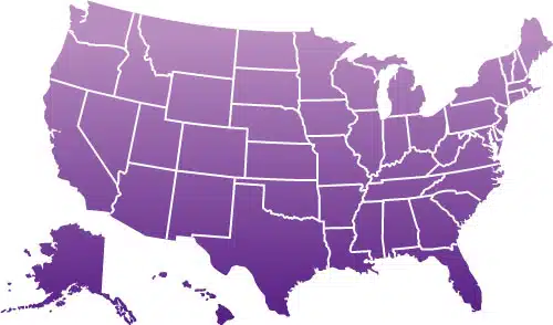 A purple map of the United States indicating that Katerzia is available in all 50 states